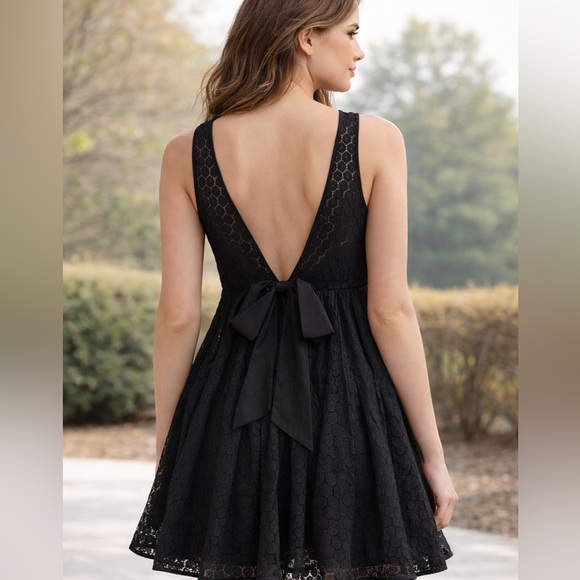 Betsey Johnson Dresses & Skirts - Betsey Johnson Black Lace Fit & Flare Dress w/ Open V Back Bow – Size 4